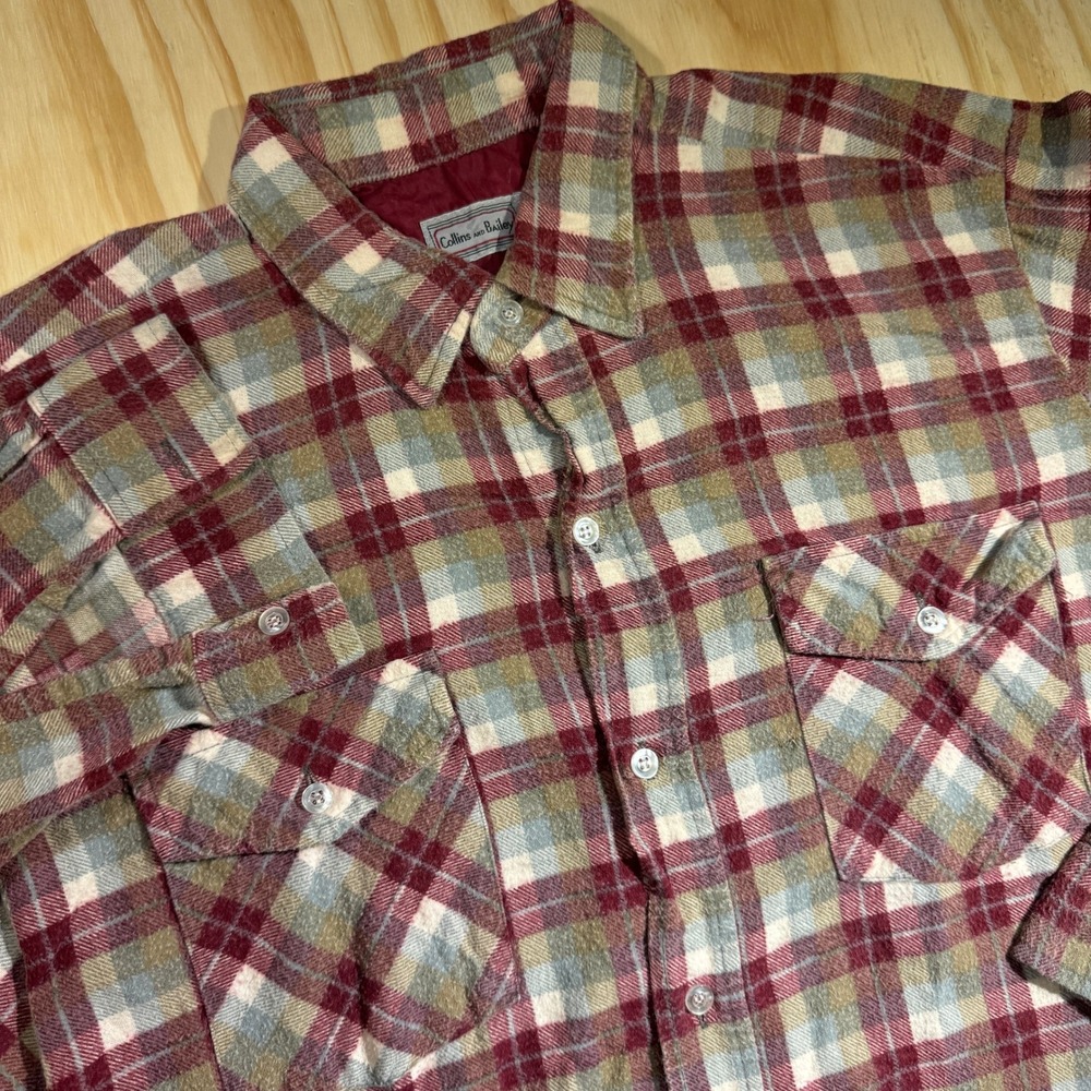 80s Collins & Bailey Men's Plaid Flannel Button Up Shirt Burgundy Grey Size XL